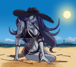 beach bikini dbd dead_by_daylight ghost ghost_girl green_eyes grey_skin hat hooked_on_you long_hair purple_hair rin_yamaoka solo solo_female the_spirit_(dead_by_daylight) treemeister