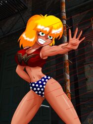 acting_tough alley alleyway at_gunpoint blonde_hair busty cosplay costume curvy danger green_eyes laser_pointer lordcoyote peril tank_top undies wonder_woman_(cosplay) worried