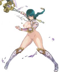 damaged_armor damaged_clothes edit edited_official_artwork embarrassed embarrassed_nude_female enf fire_emblem fire_emblem_heroes goddess green_hair half_naked naked_footwear nude_edit thorr_(fire_emblem) timidbirb