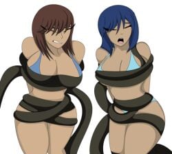 2girls bikini blue_hair brown_hair cbear624 imminent_rape imminent_sex injuu_kyoushi multiple_girls restrained restrained_by_tentacles struggling tentacle