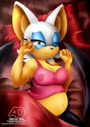 1girls anthro arrowdark bat bed chiropteran cleavage erect_nipples_under_clothes eyeshadow fangs female female_only fur green_eyes lactation lactation_through_clothes membrane_(anatomy) membranous_wings one_eye_closed pregnant rouge_the_bat sega smile solo_female sonic_(series) waking_up watermark white_fur