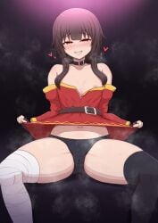 1girls 2022 breasts brown_hair female female_only flashing_panties flat_chest hi_res kono_subarashii_sekai_ni_shukufuku_wo! medium_hair megumin naughty_face panties ponpo ponponmaru red_eyes simple_background skirt_lift small_breasts smile spread_legs steam steaming_body suggestive_look thighs