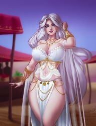 belly_dancer belly_dancer_outfit blue_eyes bracelet cleavage dancer dancer_outfit desert harem_girl harem_outfit huge_breasts jewelry kseniaharlequin loincloth looking_at_viewer original original_character thick_thighs voluptuous white_hair