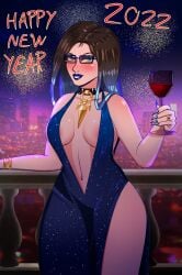 1girls blush dress fireworks glasses happy_new_year lipstick new_year nipple_slip original sapphire_(vante_light) skimpy skimpy_dress vante_light wine wine_glass