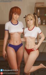 2girls 3d athletic_female blonde_hair blue_eyes breasts brown_eyes brown_hair clothed clothing crop_top darkbahamuth dead_or_alive dead_or_alive_5 female female_only fit_female gym_shorts gym_uniform hair_ribbon hand_on_hip kasumi_(doa) large_breasts leg_lift long_hair looking_at_viewer marie_rose petite pinup ponytail pose school_uniform shirt small_breasts standing stomach toned_female tummy twintails underboob