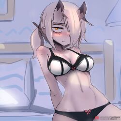 1girls big_breasts blonde_hair blush blushing blushing_at_viewer bra female female_only freckles horns light-skinned_female looking_at_viewer nradiowave oc orange_eyes original_character panties sitting sitting_on_bed solo solo_female