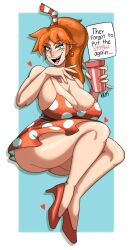 1girls big_breasts breasts cleavage clothed clothing dialogue dress english_text heart hi_res high_heels huge_breasts kryadrawgin large_breasts light-skinned_female light_skin looking_at_viewer milkshake millie_(gerph) polka_dot_dress solo text thick_thighs white_border