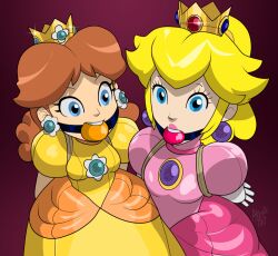 2girls arms_tied_behind_back atomictiki ball_gag blonde_hair blue_eyes brown_hair crown dress earrings female female_only mario_(series) multiple_girls nintendo orange_ball_gag pink_ball_gag pink_dress ponytail princess_daisy princess_dress princess_peach royalty shiny_clothes short_hair signature tiara yellow_dress