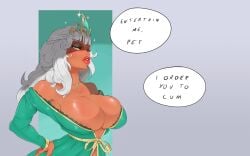 1girls breasts cleavage dialogue female female_only human jerk_off_instructions jouljehart large_breasts league_of_legends overflowing_breasts qiyana_yunalai solo solo_female talking_to_viewer text white_hair