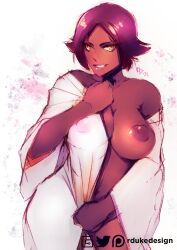 1girls bleach covering large_breasts one_breast_out raoul-duke shihouin_yoruichi short_hair sketch smile solo