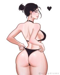 1girls 2022 arthydraws ass back_view bikini bikini_pull bikini_top_pull black_hair earrings female female_only heart hi_res looking_at_viewer looking_back narrowed_eyes original original_character pink_eyes sideboob solo solo_female thick_ass thick_thighs tied_hair white_background