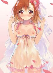 10s 1girls 2013 areolae ass_visible_through_thighs bare_shoulders blush breasts brown_eyes brown_hair brunette collarbone female female_focus flower functionally_nude functionally_nude_female hair_flower hair_ornament hi_res hips looking_at_viewer misaka_mikoto navel nipples no_panties petals see-through see-through_dress small_breasts solo standing teenage_girl teenager thick_thighs thighs to_aru_kagaku_no_railgun to_aru_majutsu_no_index tsunekawa_niwasuke wedding_dress wide_hips young