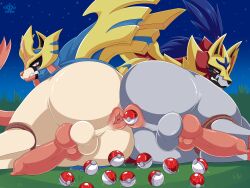 absurd_res anal anal_juice animal_genitalia animal_penis anus ass balls big_butt bodily_fluids bondage bound canid canine canine_penis clenched_teeth crowned_shield_zamazenta crowned_sword_zacian detailed_background duo erection feral genitals hi_res knot legendary_pokémon male male/male male_only male_penetrated male_penetrating male_penetrating_male mammal nikkibunn nintendo penetration penis pokéball pokéball_insertion pokémon_(species) pokemon rear_view sex standard_pokéball teeth thick_thighs video_games zacian zamazenta