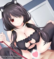 1boy animal_ears bangs black_hair breasts cat_ears cat_lingerie censored clock_eyes cowgirl_position crotchless crotchless_panties date_a_live female femdom gabriel_evangel heterochromia highres large_breasts leash male meme_attire navel panties rope sex smile spread_legs squatting straddling symbol-shaped_pupils thighhighs tokisaki_kurumi twintails underwear