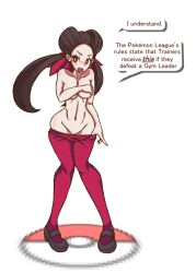 blush brown_hair covering_breasts flat_shoes flats gym_leader mary_janes pokemon pokemon_(game) pokemon_rse pulling_down_pants pussy red_eyes roxanne_(pokemon) shoes text_bubble topless