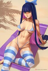 1girls 2022 bikini black_hair blue_eyes breasts female female_only hips large_breasts long_hair looking_at_viewer micro_bikini panty_&_stocking_with_garterbelt slim_waist stocking_anarchy striped_bikini thick_thighs thighs ultrabinou wide_hips