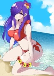 1girls alternate_costume bangs beach bikini breasts cleavage closed_mouth fe135700 female female_only fire_emblem fire_emblem:_three_houses fire_emblem_warriors:_three_hopes flower hair_bun hair_over_one_eye highres large_breasts long_hair looking_at_viewer nintendo purple_eyes purple_hair red_bikini red_swimsuit shez_(female)_(fire_emblem) shez_(fire_emblem) single_hair_bun smile solo swimsuit water