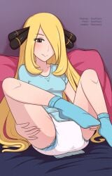 bed black_eyes blonde_hair blue_onesie blue_socks breasts cynthia_(pokemon) diaper hair_ornament hair_over_one_eye holding_legs lazyblazy lazyblazy_(artist) medium_breasts nintendo on_bed onesie pillow pokemon smiling white_diaper