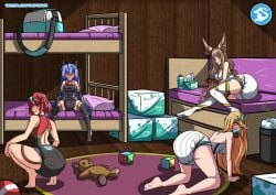 4girls abdl all_fours bed black_onesie blocks bunk_bed changing_table diaper diaper_bag diaper_pail diaper_under_clothing multiple_girls mythra_(xenoblade) nia_(blade) nia_(xenoblade) nintendo nursery onesie pacifier pillow poppi_(xenoblade) poppi_qtpi_(xenoblade) pyra_(xenoblade) red_onesie squatting teddy_bear trap-diaper white_onesie xenoblade_(series) xenoblade_chronicles_2