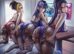 3girls ass ass_grab big_ass big_breasts black_hair blonde_hair blue_eyes blue_hair blush breast_rest dark_hair demon_slayer detailed_background female female_only finger_to_mouth fishnets garter_straps grabbing_own_ass hinatsuru_(kimetsu_no_yaiba) indoors japanese_clothes kimetsu_no_yaiba kneeling lirenya long_hair looking_at_viewer looking_back makio_(kimetsu_no_yaiba) mole_under_eye pantyhose patreon_username pelvic_curtain ponytail presenting presenting_hindquarters purple_eyes sideboob sleeveless smile spreading stockings suma_(kimetsu_no_yaiba) the_wives_(kimetsu_no_yaiba) thick_thighs two_tone_hair yellow_eyes