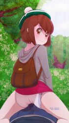 1boy 1girls ass backpack beret brown_eyes brown_hair creatures_(company) diaper erection_under_clothes forest game_freak gloria_(pokemon) grey_cardigan lazyblazy lazyblazy_(artist) nintendo outside panties pokemon pokemon_ss sitting_on_person skirt smiling