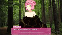 1girls bad_edit coiled coiled_up coiling coiling_another coils doki_doki_literature_club edit english_text female forest grass hairclip hypnosis hypnotic_eyes naked natsuki_(doki_doki_literature_club) nude nudist open_mouth panel pink_hair pink_nipples pink_text_box small_breasts small_chest snake sprite_edit text text_box trees