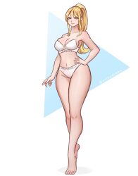 1girls 2022 aqua_eyes arthydraws blonde_hair bra calvin_klein female female_only full_body hand_on_hip hi_res long_hair looking_at_viewer metroid nintendo ponytail samus_aran solo solo_female thick_thighs underwear