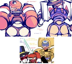 3boys android ass_focus burner_man censor_bar femboy king_(mega_man) magic_man_(mega_man) male_focus male_only mega_man mega_man(classic) rockman_&_forte text wide_hips