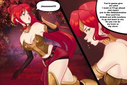 1girls armor armored_corset bangs circlet corset dialogue english english_text female_only forest forest_background gorget greaves green_eyes high_ponytail long_hair ponytail pyrrha_nikos red_hair red_sash rwby sash shiny_hair shiny_skin sidelocks speech_bubble story tagme tamytamy01