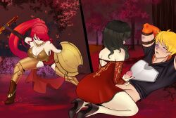 1boy 2girls akoúo_(rwby) armor armored_corset bangs beaten black_hair blonde_hair cinder_fall circlet corset defeated dress forest forest_background gorget greaves green_eyes high_heels high_ponytail jaune_arc long_hair miló_(rwby) ponytail pyrrha_nikos rape red_hair red_sash rwby sash shield shiny_hair shiny_skin sidelocks spear tagme tamytamy01 weapon