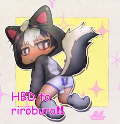 all_fours alternate_species anthro ass briefs clothing footwear hoodie human humanized kneeling male mammal mephitid onechan skunk socks solo topwear underwear