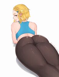 1girls 2021 arthydraws ass bimbo blonde_hair braided_hair breath_of_the_wild female female_only green_eyes hi_res legs_together looking_at_viewer looking_back lying lying_on_stomach medium_hair nintendo panties_visible_through_clothing pointy_ears princess_zelda smiling_at_viewer solo solo_female tears_of_the_kingdom the_legend_of_zelda thick_thighs topwear white_background yoga_pants zelda_(tears_of_the_kingdom)