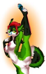 2022 5_fingers anthro anus areola black_fur black_hair breasts digital_media_(artwork) eyebrows eyelashes female fingers fur genitals green_body green_fur hi_res leg_stretch manika_nika nipples nude orange_eyes pink_nipples pussy red_hair spread_legs white_body white_fur