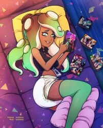 breasts couch diaper laying_on_couch lazyblazy lazyblazy_(artist) marina_(splatoon) nintendo octoling pillow pillow_between_legs reading reading_book relaxing splatoon splatoon_2 white_diaper zipper