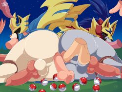 absurd_res anal anal_sex animal_genitalia animal_penis anus ass balls big_butt bondage bound canid canine canine_penis crowned_shield_zamazenta crowned_sword_zacian detailed_background disembodied_penis duo erection fellatio feral genitals hi_res knot legendary_pokémon male male/male male_only male_penetrated male_penetrating male_penetrating_male mammal nikkibunn nintendo oral oral_penetration penetration penile penis pokémon_(species) pokemon rear_view sex thick_thighs video_games zacian zamazenta