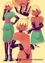 1boy blonde_hair bulge crossdressing dress elbow_gloves femboy girly latex penis raoul-duke solo standing thong