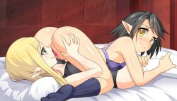 2girls 69_position anus anus_peek ass bed bedroom black_bra black_hair black_lingerie black_panties blonde_hair elf elf_ears elven_conquest faye_(elven_conquest) game_cg gold_eyes green_eyes lingerie long_hair multiple_girls pillow pinktea pointy_ears purple_bra pussy seraphine_(elven_conquest) short_hair source_request yuri