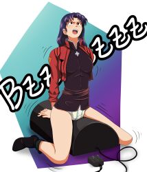 1girls clothed clothed_masturbation diaper female masturbation misato_katsuragi morpheus_(artist) neon_genesis_evangelion sybian vibrator wet_diaper