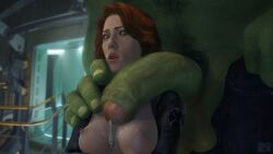 1boy 1girls 3d avengers avengers_(2012) big_breasts big_penis black_widow_(marvel) breasts busty centerfoldersfm cum cum_on_breasts female female_focus green-skinned_male green_skin helicarrier huge_cock hulk hulk_(series) human larger_male light-skinned_female light_skin long_penis male marvel marvel_cinematic_universe natasha_romanoff partial_male penis penis_awe red_hair s.h.i.e.l.d. scarlett_johansson size_difference smaller_female straight tagme