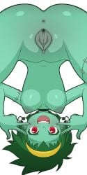 1girls anus ass belly_button breasts choker clitoris earrings green_hair green_skin manyakis naked nipples pose pussy pussy_lips red_eyes rottytops shantae smooth_skin stitches transparent_background upside-down vulva zombie_girl