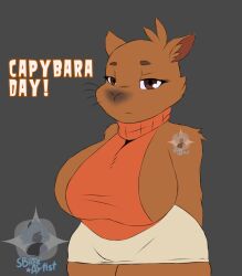 1girls anthro big_ass big_breasts big_butt brown_eyes brown_fur capybara clothing digital_media_(artwork) gigantic_breasts looking_at_viewer pam_(joaoppereiraus) sideboob skirt snowyblue