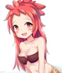 bandeau blush cleavage crop_top female female_only long_hair made_in_abyss medium_breasts mitty open_mouth red_eyes red_hair shimokirin smile solo strapless tears tied_hair