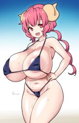 1girls bikini horn huge_breasts ilulu_(dragon_maid) inverted_nipples large_areolae large_breasts light-skinned_female light_skin miss_kobayashi's_dragon_maid onomeshin red_hair sharp_teeth solo solo_female