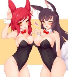 2girls ahri ayatori big_breasts bird_ears black_hair bunnysuit fox_ears fox_tail fox_tails heart league_of_legends medium_breasts multiple_girls pink_hair red_tie vastaya xayah yellow_eyes yuri