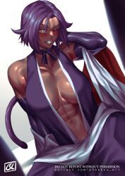 1girls abs bleach breasts cat_tail cleavage dark-skinned_female dark_skin detached_sleeves female female_only japanese_clothes large_breasts looking_at_viewer muscle muscle_tone muscular muscular_female no_bra one_eye_closed phoebus_art purple_hair shihouin_yoruichi shounen_jump six_pack solo tail teeth toned toned_female tongue