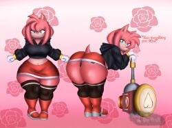 amy_rose ass belly_button black_clothing black_panties boots character_sheet crop_top dialogue digital_media_(artwork) eyeliner female gloves gradient_background green_eyes hairband hammer heart hedgehog hoodie pattern_background pink_body pink_hair red_clothing red_shoes ring rose shiny_skin short_skirt snowyblue sonic_(series) sonic_the_hedgehog_(series) tail tattoo thighhighs watermark