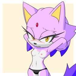 1girls :s anthro arms_behind_head black_panties blaze_the_cat blush embarrassed fixink hands_behind_head looking_at_viewer panties panties_only solo sonic_(series) sonic_the_hedgehog_(series) sweatdrop topless topless_female