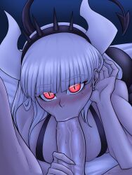 1boy 1girls :>= anikiki_kun athletic_female blowjob demon demon_girl fellatio helltaker huge_breasts human human_penetrating humanoid interspecies light-skinned_male lucifer_(helltaker) male_human/female_demon male_human/female_humanoid red_eyes