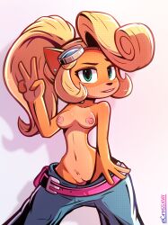 blonde_hair coco_bandicoot crash_(series) crossxvii furry glasses green_eyes medium_breasts nipples pants pants_down ponytail pussy seductive solo_female topless video_games