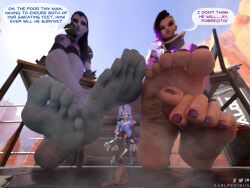 2girls 3d barefoot dark-skinned_female earlpedibus feet female femdom foot_fetish giantess larger_female larger_female_smaller_male latina macro male overwatch painted_toenails purple_skin purple_toenails smaller_male smelly_feet sombra sweaty_feet widowmaker